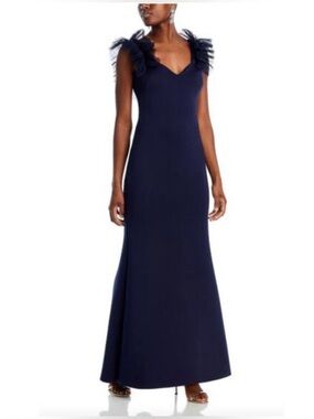 Eliza J Navy Maxi Gown with Ruffled Shoulder Detail